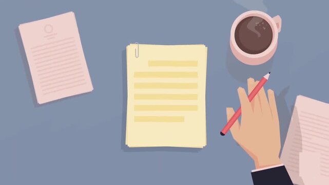 2D Animated Top View Overhead Shot of Human Hand Writing with Pencil on Yellow Document Paper near Coffee Cup and Office Desk Backgrounds