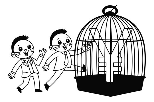 Cartoon businessmen capturing currency symbol in birdcage