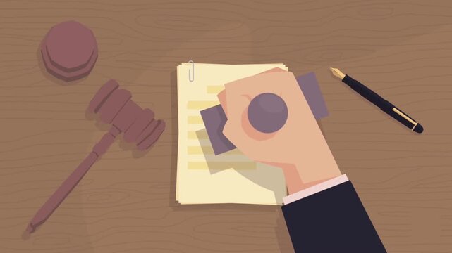 2D Animated Top View of Court Judge Hand Stamping Approved Seal on Legal Document Paper Next to Wooden Law Gavel Hammer, Justice Concept