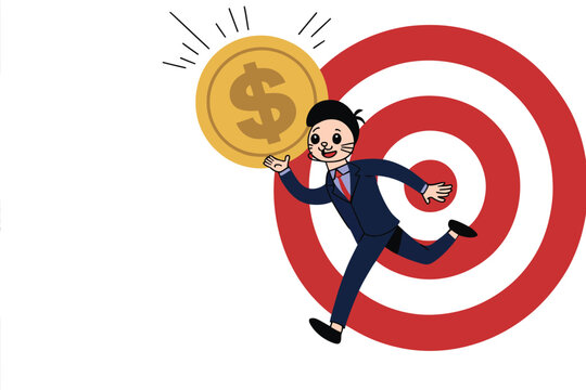 Businessman reaching for floating gold dollar sign coin on target