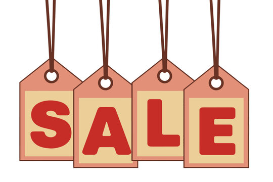 Four hanging paper sale tags with red lettering shopping discount