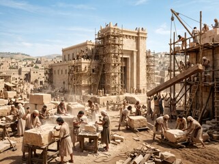 Naklejka premium Building Solomon's Temple workmen constructing ancient Jerusalem structure