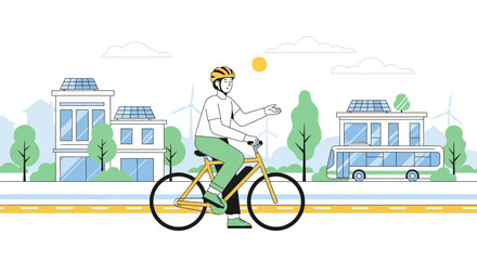 Naklejka premium Eco-friendly city commute: man cycling electric bike past solar powered buildings