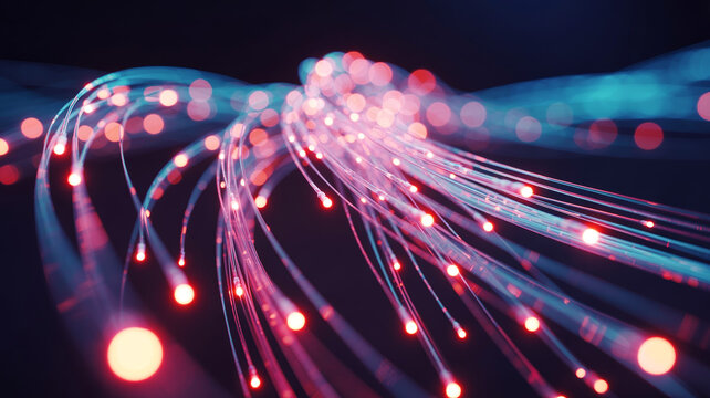 glowing fiber optic cables transmitting pulses high-speed network infrastructure