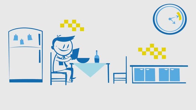 2D Animated Blue Outline Style Cartoon Man Sitting at Dining Table in Kitchen and Eating Food, Home Routine Household Lifestyle Video