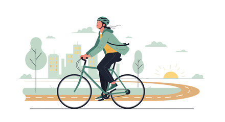Fototapeta premium Woman rides bicycle in city park at sunrise, healthy lifestyle, eco-friendly transport