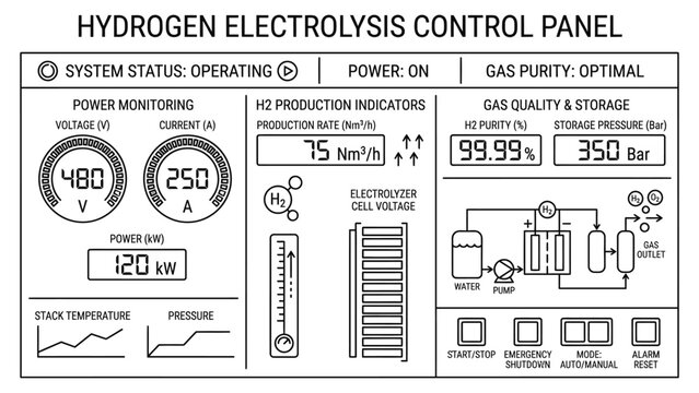 Hydrogen electrolysis control panel display.