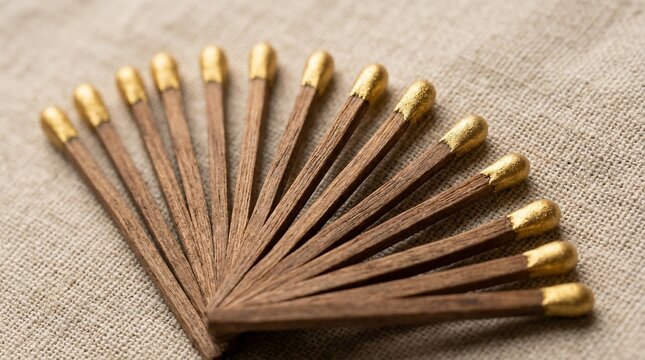 Wooden matches with golden heads arranged in a fan shape on textured fabric