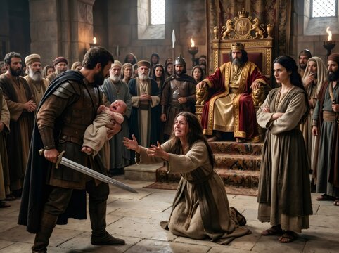 King Solomon judging two women disputing baby