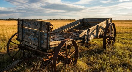 Obraz premium Old Wooden Wagon in a Golden Field at Sunset.
