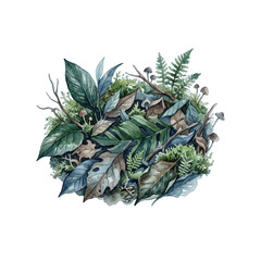 Obraz premium Watercolor Forest Floor Arrangement with Moss and Leaves