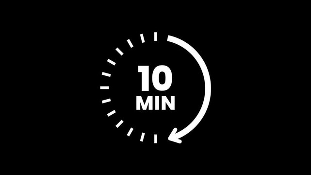 Clock with 10 min and circular arrows timer animation on transparent background. 10 Min arrow clock icon animation, 10 minute animation. timer 10 minutes countdown icon. Alpha Channel