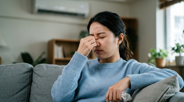An Asian woman touches the bridge of her nose while experiencing sinus pain, with eyes closed in discomfort under air conditioning. The scene highlights symptoms such as headache, eye strain.