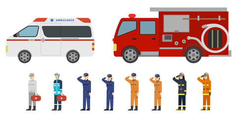 フラットイラスト：救急車 消防車と救急救命士 消防士のセット © stomy
