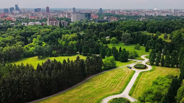 Modern City Skyline Architecture Green Urban Park Real Estate Neuroarchitecture Aerial Horizon. An expansive drone panoramic perspective showcases a vibrant European metropolitan skyline