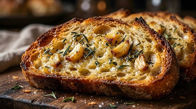 Toasted sourdough bread slices topped with roasted garlic and herbs.