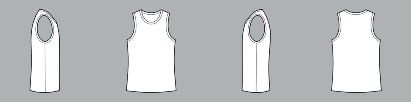 Tank top vector template set mock up isolated on grey background. flat technical drawing template. Unisex sleeveless shirt illustration, front, back and side view, white. Tank-top Mock-up.