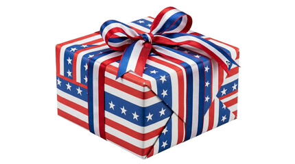 Fototapeta premium Gift box wrapped in patriotic stars and stripes paper with ribbon isolated on transparent background