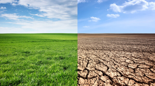 A striking contrast between vibrant green grass and dry cracked soil beneath a clear bright blue sky