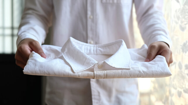 Individual presenting a neatly folded white shirt in front of a gentle illuminated backdrop