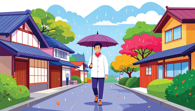 Man walking with purple umbrella rain.