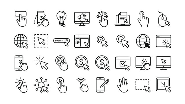 Modern click and touch interaction line icons for web development user interface and experience design elements