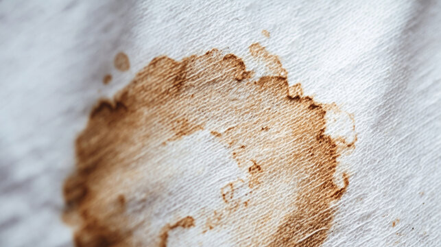 Detailed view of a coffee stain on a white fabric showcasing unique texture and color differences