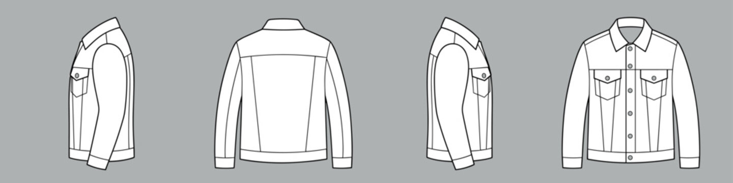 Denim jacket vector template set mock up isolated on grey background. flat technical drawing template. Jean jacket illustration, front, back and side view, white. Trucker jacket Mock-up.