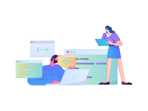 Programming teaching development flat character vector concept operation hand drawn illustration

