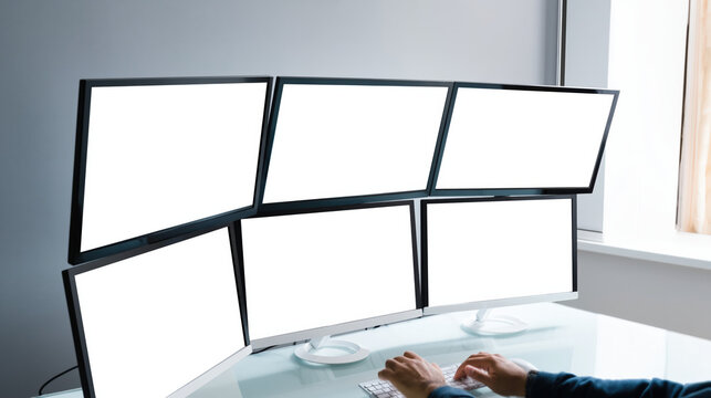 Modern office setup featuring several screens designed to boost efficiency and integrate advanced technology