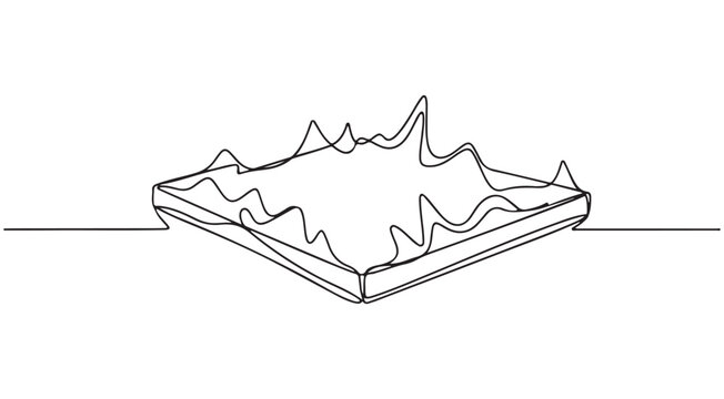 Continuous line drawing of 3D area chart with jagged peaks on square base for data visualization and terrain mapping