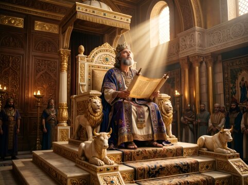 King Solomon reading scroll on opulent throne in sunlit palace