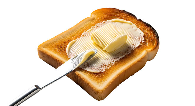 Toast with butter being spread on a black background, knife spreading bread