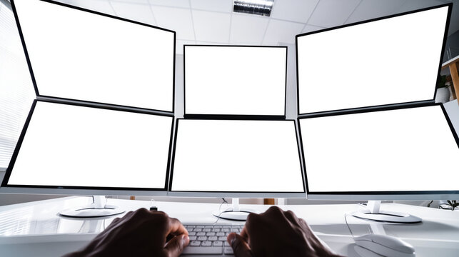 A professional setup featuring multiple blank computer monitors for creative and technical workspaces