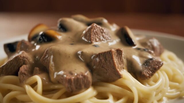 Gourmet beef stroganoff with creamy mushroom sauce over pasta
