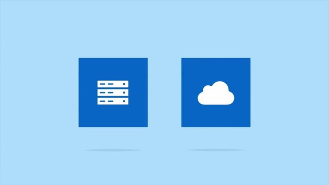 2D Animated Comparison Graphic of a Local Server Hardware Box Icon and Cloud Database Storage Folder Symbol on Blue Background Panels