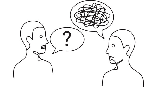 Line art illustration of two people talking with speech bubbles containing a question mark and tangled scribble for communication breakdown