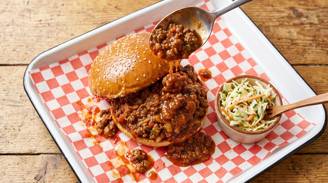 Delicious sloppy joe sandwich on a sesame seed bun with coleslaw on the side