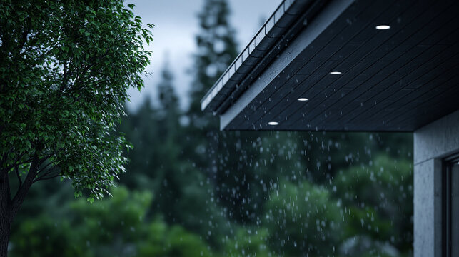 Tranquil rainy day close up of raindrops on contemporary building surrounded by vibrant greenery
