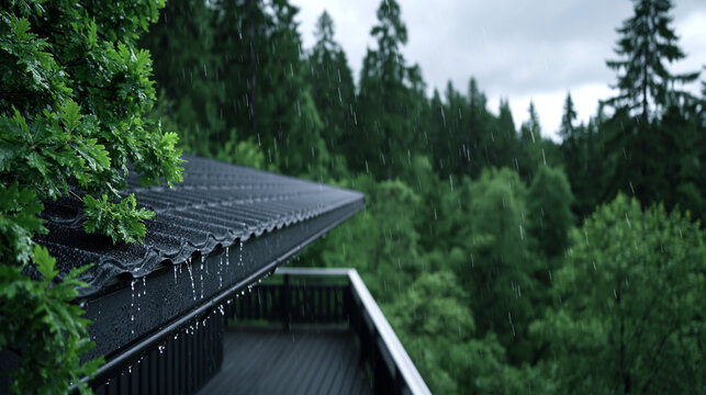 Tranquil rain falling on a wooden deck embraced by vibrant green trees in a peaceful forest setting