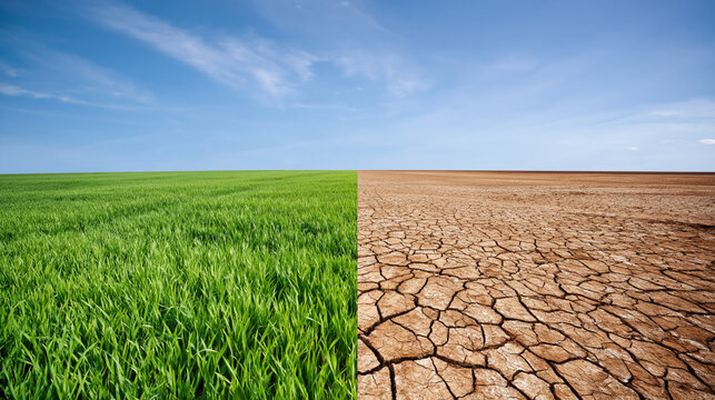 Vibrant green fields meet dry cracked earth beneath a bright clear sky showcasing nature's contrasting beauty
