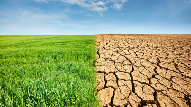 The stark difference between vibrant green grass and dry cracked earth showcasing the impacts of climate change on our environment