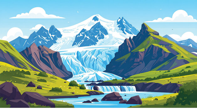 Snowy mountain landscape with waterfall stream.