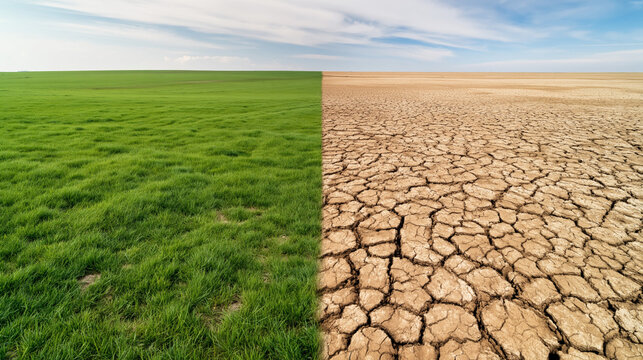 Vibrant green grass contrasts with dry cracked earth beneath a bright clear blue sky creating a striking landscape