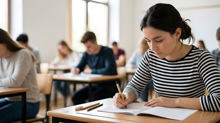 Fototapeta premium Focused female student writing in a notebook during an exam in a classroom