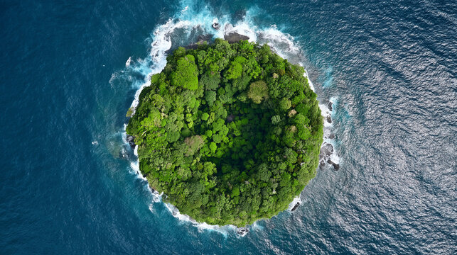 Stunning aerial perspective of a vibrant tropical island embraced by pristine blue waters and gentle ocean waves