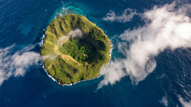 Birds eye perspective of a vibrant green island encircled by sparkling turquoise ocean waves and fluffy white clouds
