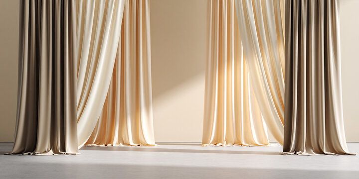 Stylish draped curtains illuminated by soft lighting in a modern minimalist interior design