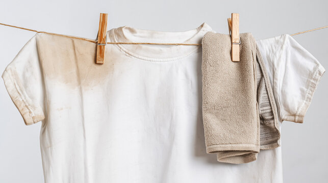 Close up of a dirty white t shirt and towel hanging on a clothesline to dry in a minimalistic setting