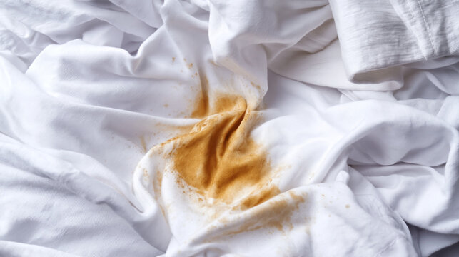 Discolored white bedding revealing stains from food or beverage spills on soft fabric surface